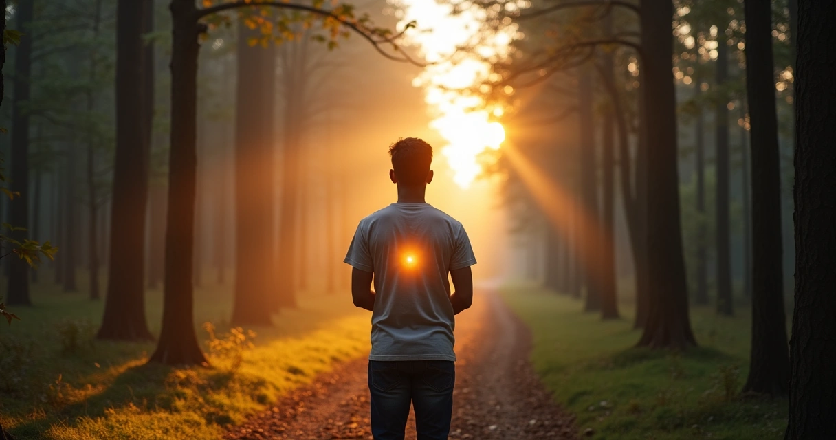 Pessoa em encruzilhada segurando luz interior ao decidir mudar de caminho 