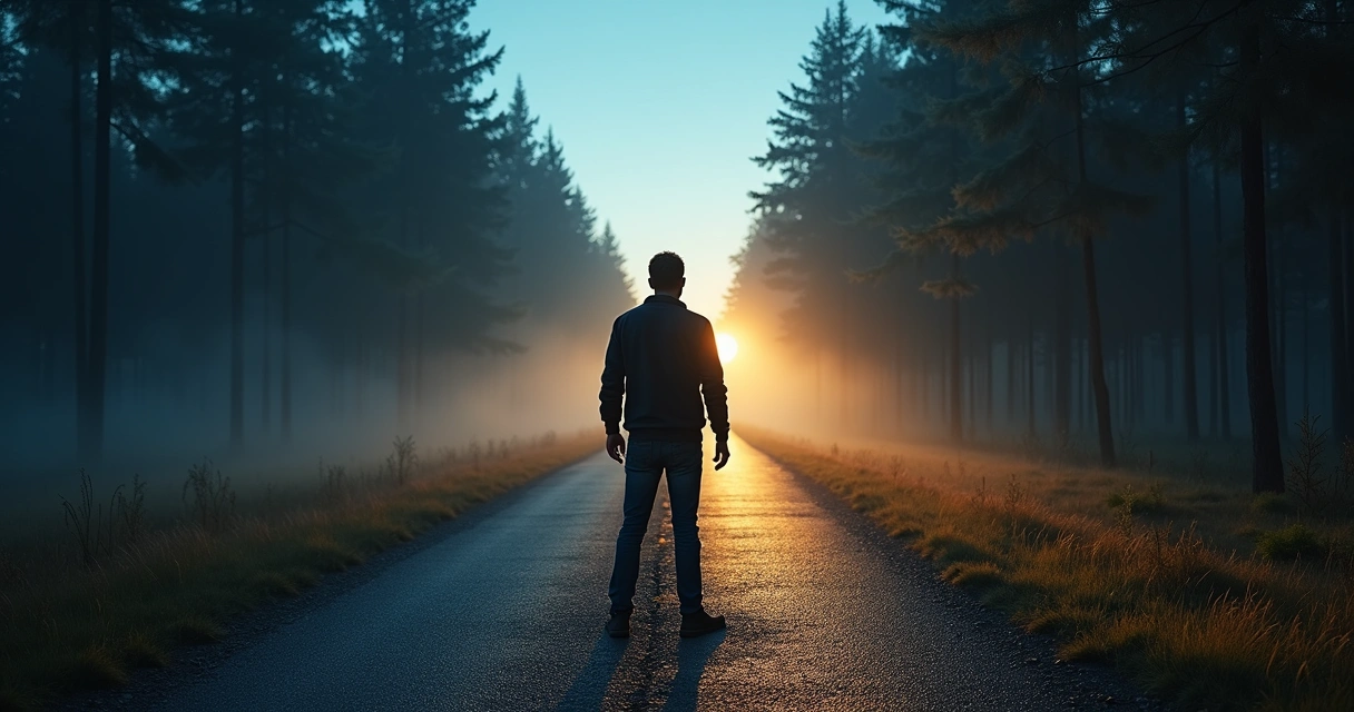 Pessoa em encruzilhada à noite iluminada por luz branca e luz dourada 