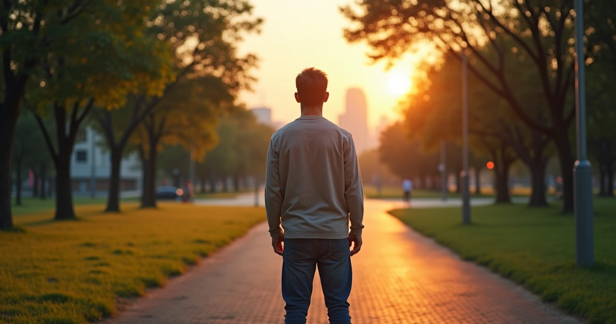 Pessoa parada em encruzilhada refletindo sobre escolhas com clima de dúvida 