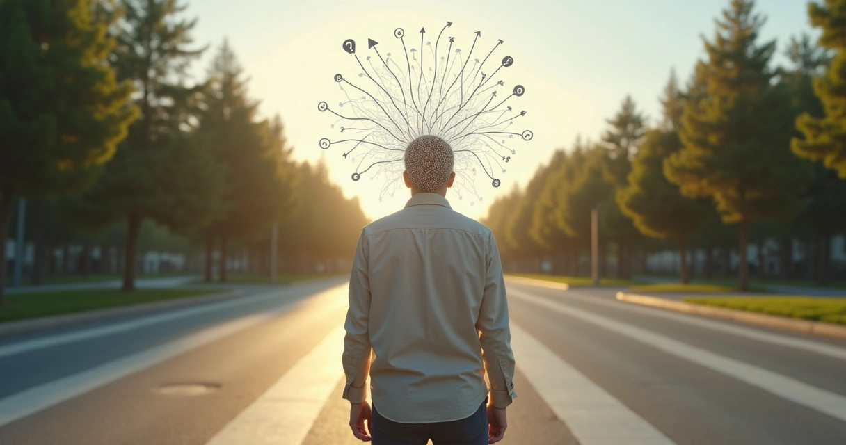 Pessoa em encruzilhada com linhas caóticas representando armadilhas mentais 