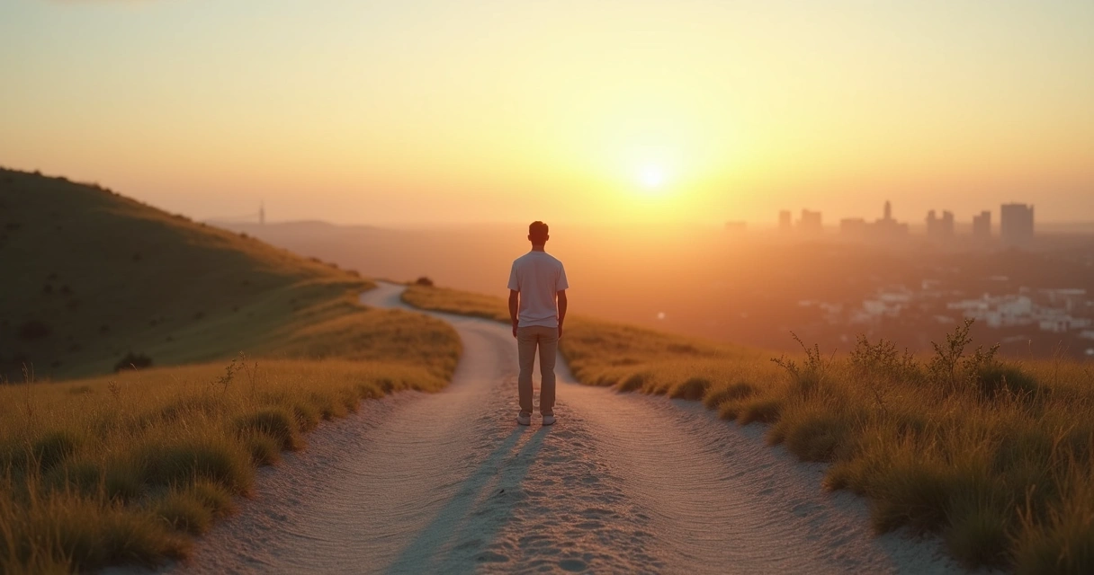 Pessoa em pé em encruzilhada olhando para diferentes caminhos simbolizando mudança 