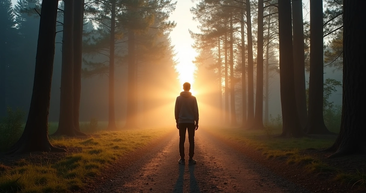 Pessoa em pé em uma encruzilhada olhando para um novo caminho iluminado 
