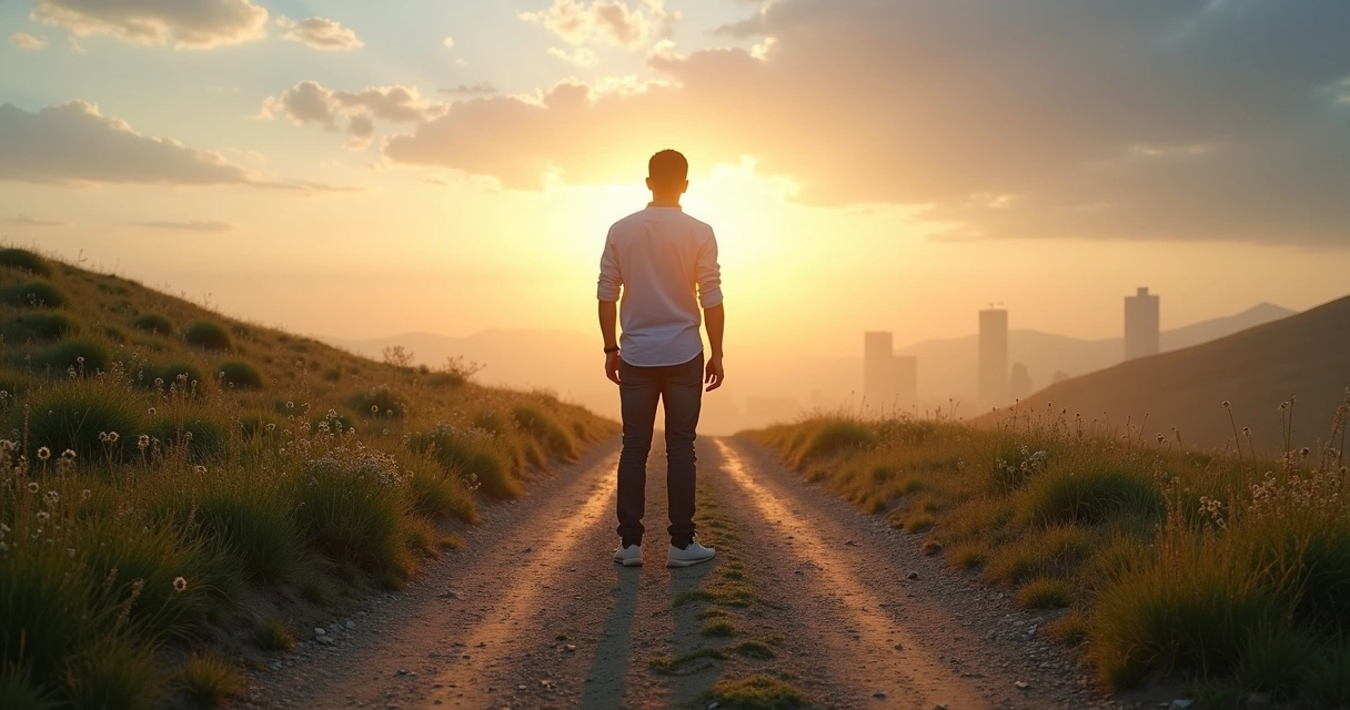 Pessoa em encruzilhada contemplando paisagem ao nascer do sol 