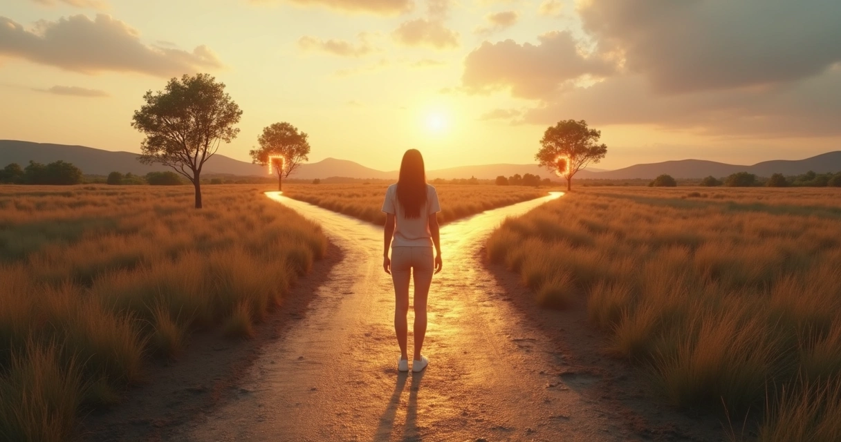 Pessoa em pé diante de três caminhos simbolizando escolhas de mudança 