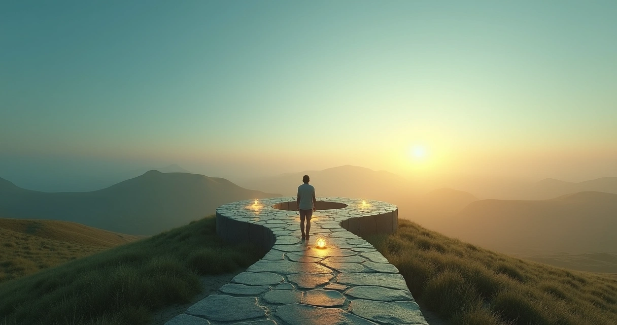 Pessoa em encruzilhada observando vários caminhos iluminados ao amanhecer 