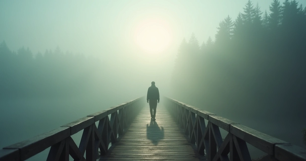 Pessoa caminhando por uma ponte envolta por neblina, demonstrando superação do medo 
