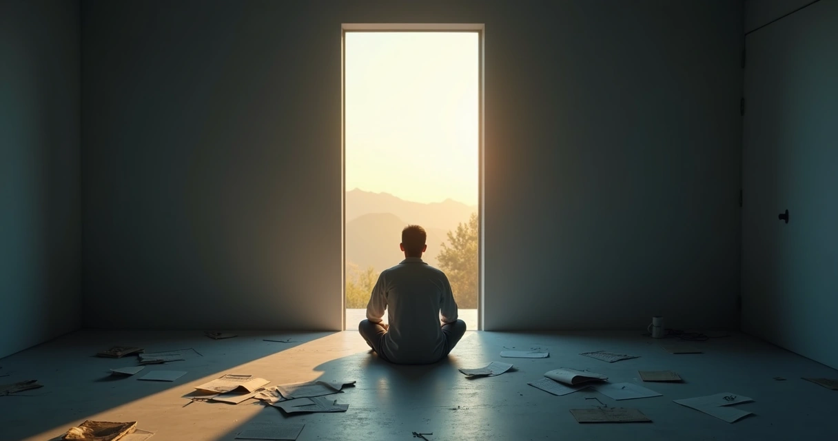 Pessoa em frente a porta luminosa simbolizando superação da resistência interna 