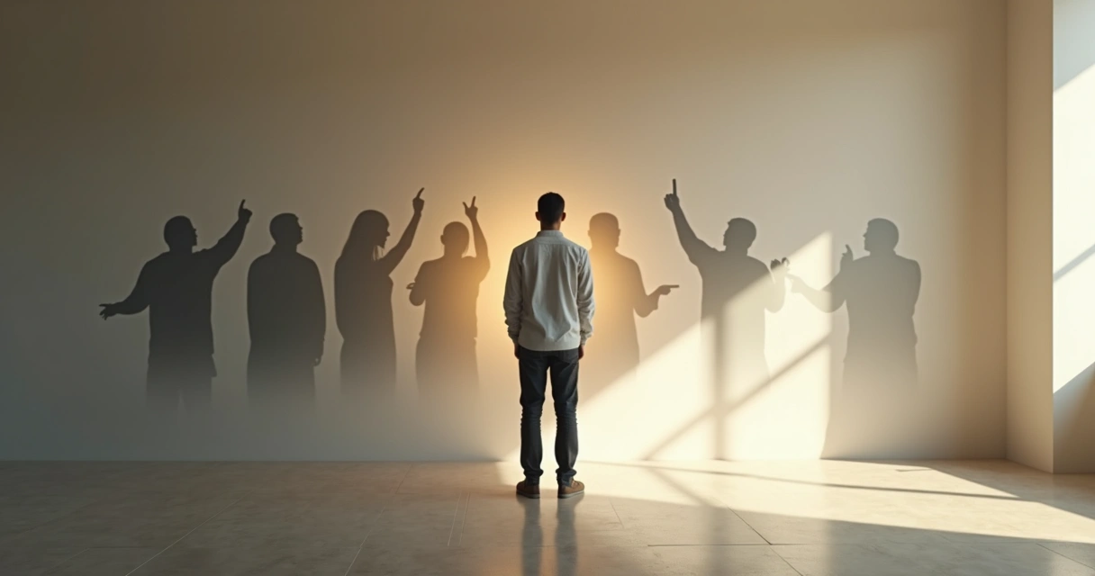 Pessoa em pé diante de sombras internas projetadas na parede 