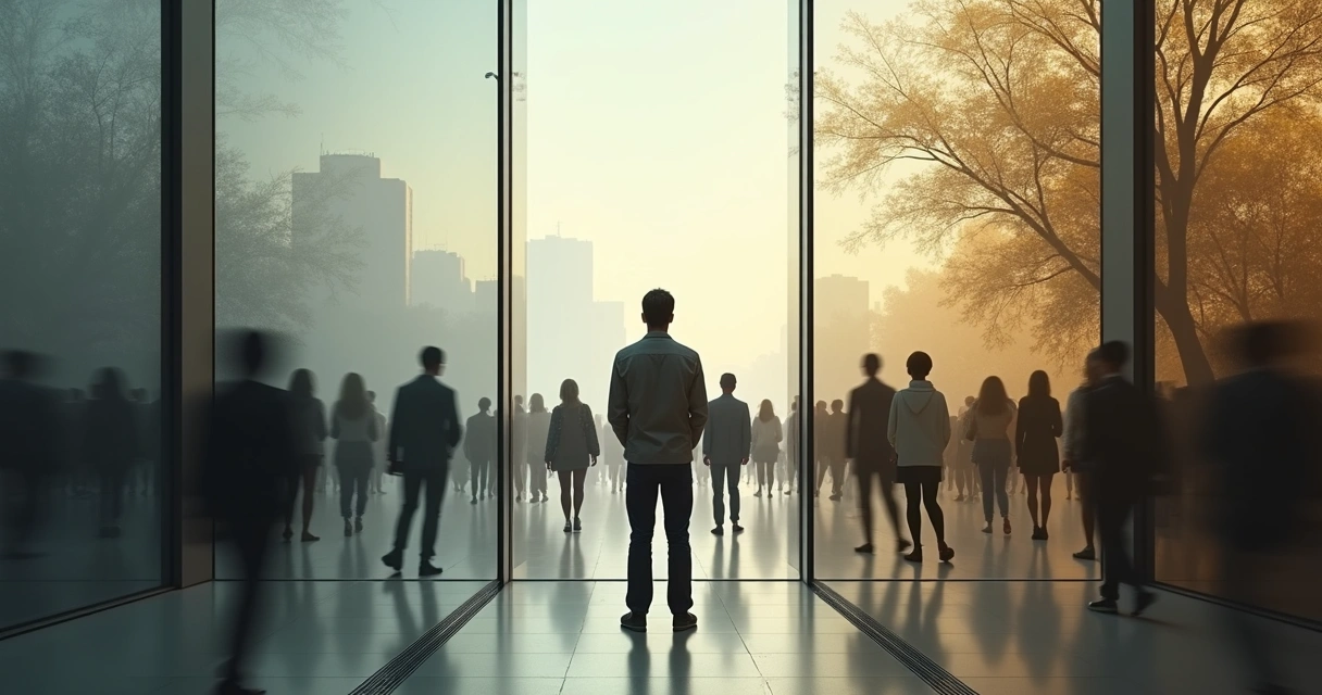 Pessoa em pé entre multidão desfocada encarando duas grandes janelas opostas 