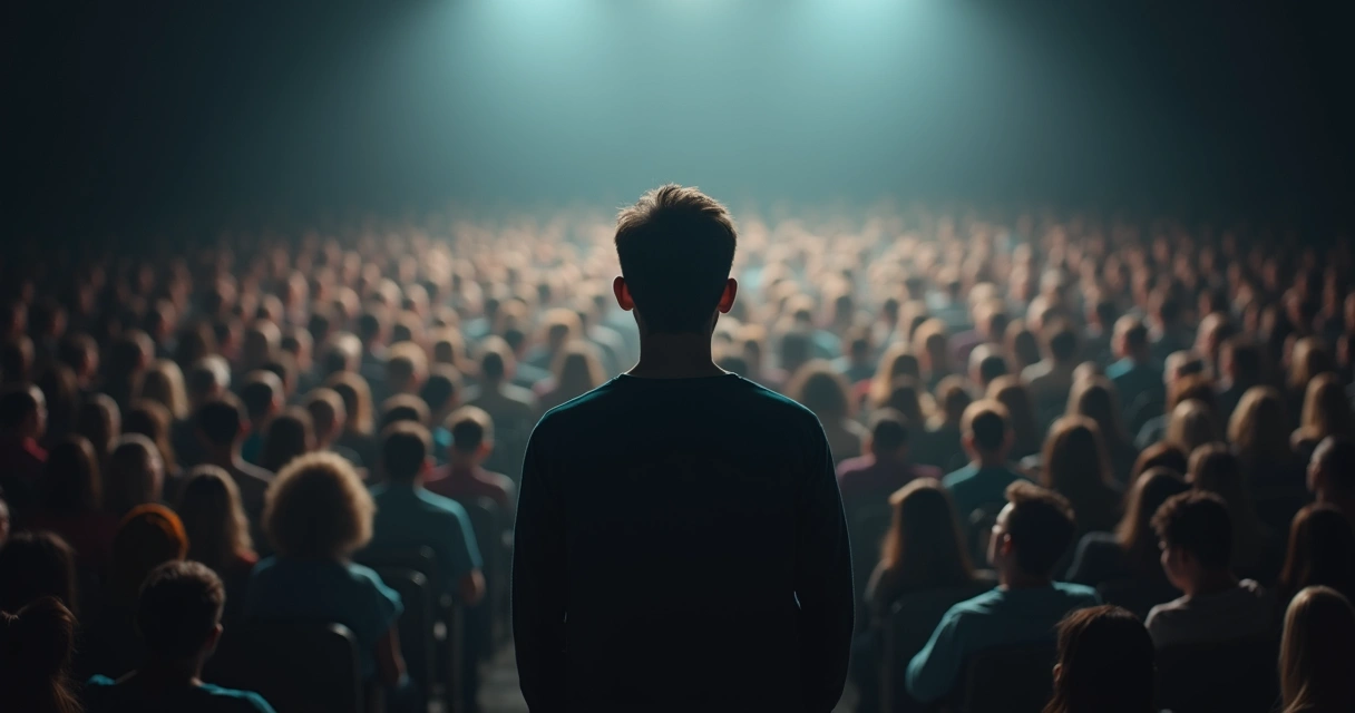 Pessoa hesitante em auditório lotado