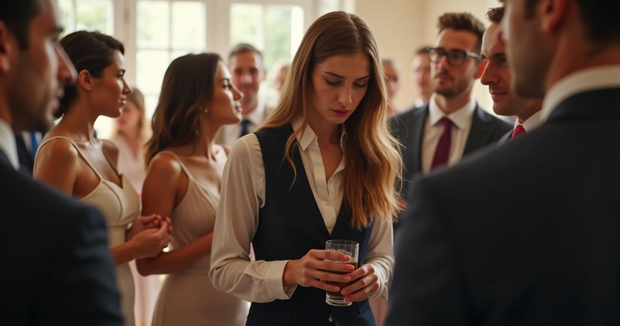 Pessoa em evento social olhando para baixo e parecendo constrangida 