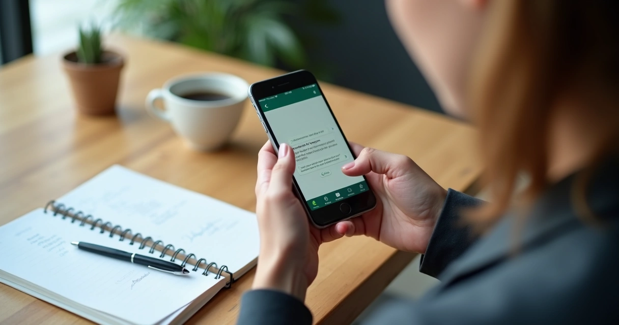 Mulher enviando mensagem de cobrança em um smartphone, sentada à mesa 