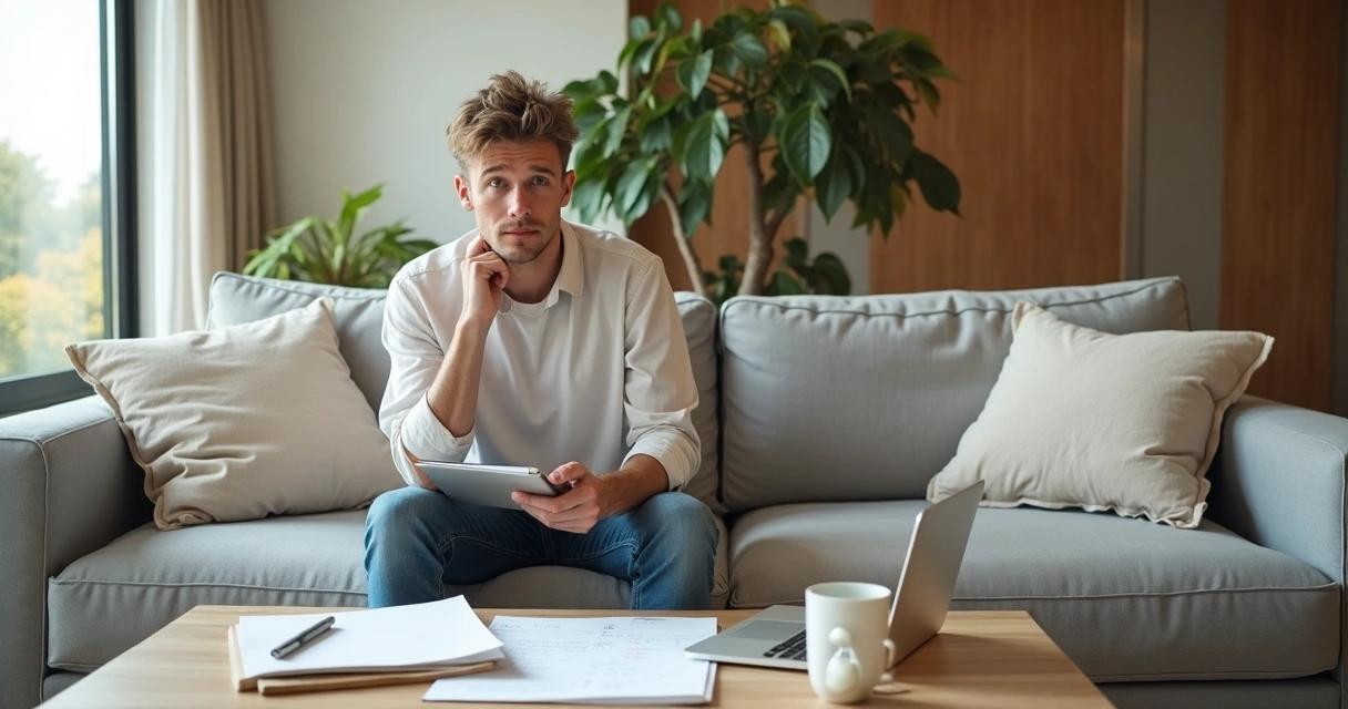Pessoa sentada em sofá com caderno no colo equilibrando autocobrança e autocuidado 