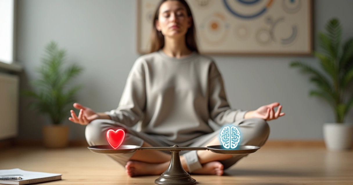 Pessoa sentada em posição de meditação diante de balança entre coração e cérebro 