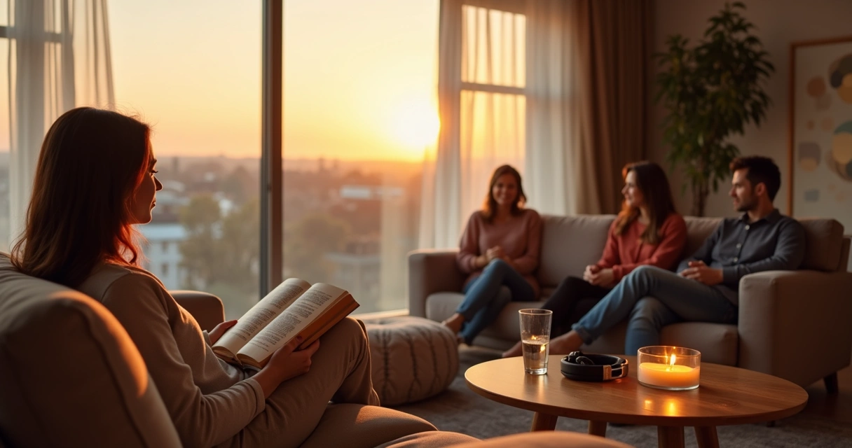 Pessoa em sala aconchegante equilibrando tempo sozinha e convivência com amigos 
