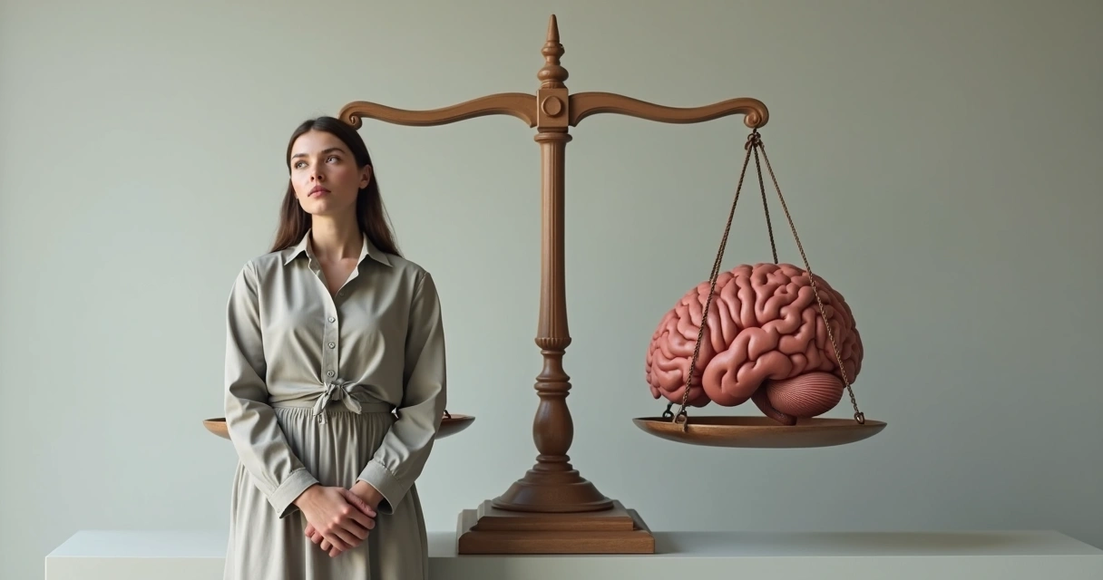 Pessoa refletindo diante de uma balança simbólica com um cérebro e um coração 