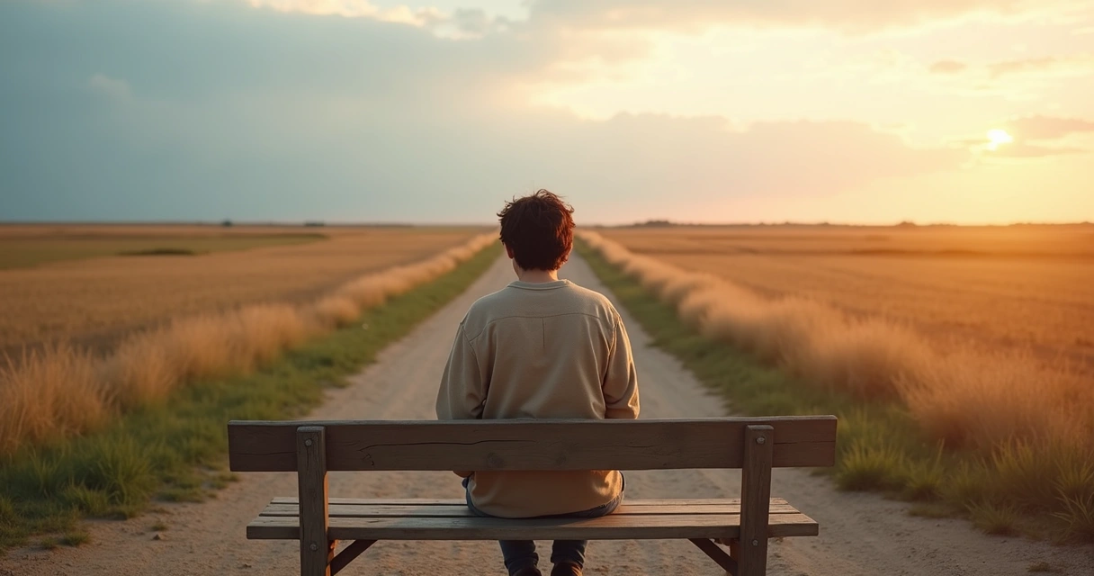 Pessoa sentada refletindo diante de dois caminhos opostos que se encontram ao fundo 