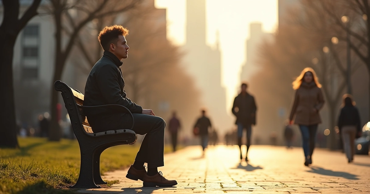 Pessoa sentada em um banco refletindo em meio à cidade 