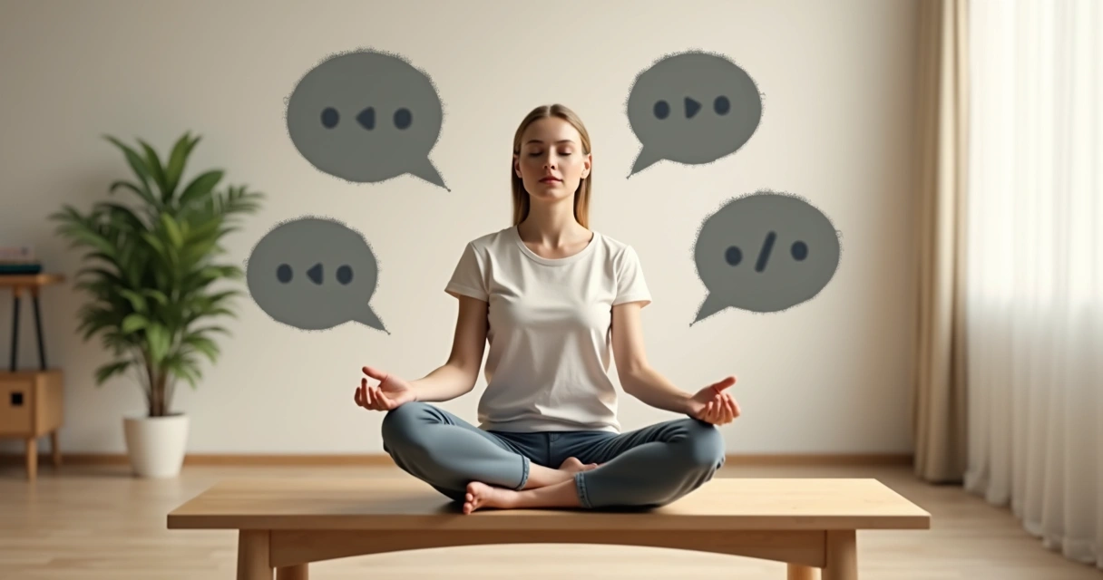Pessoa sentada em posição de meditação mantendo equilíbrio interior em meio a críticas representadas por balões de fala 