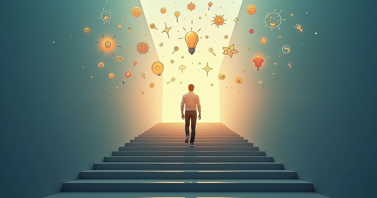 Pessoa subindo escada em direção a luz, simbolizando crescimento motivacional 