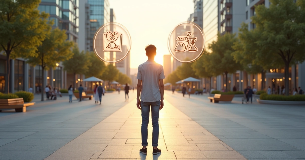 Pessoa escolhendo caminho baseado em valores pessoais em um cenário urbano minimalista 