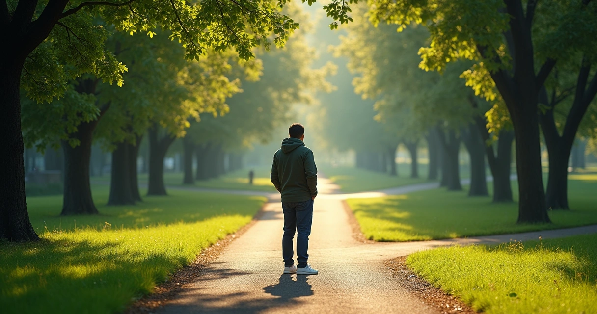 Pessoa parada diante de várias trilhas em um parque 