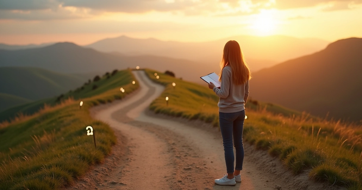 Pessoa em encruzilhada avaliando diferentes caminhos iluminados 