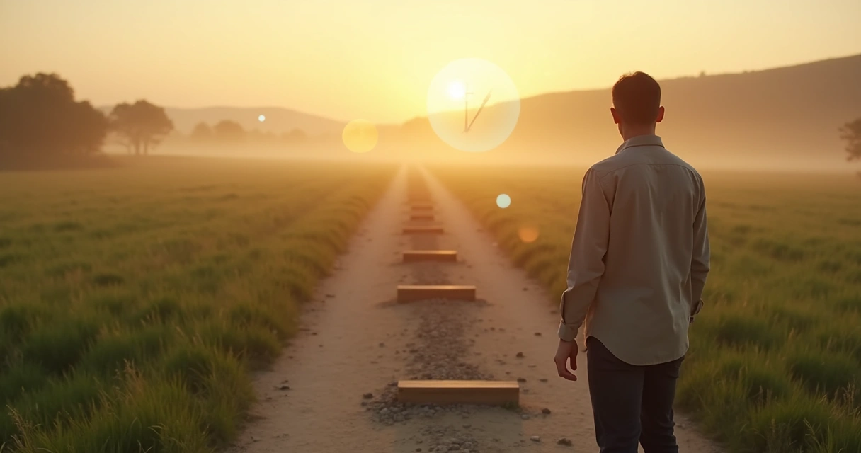 Pessoa em encruzilhada contemplando dois caminhos em paisagem serena 