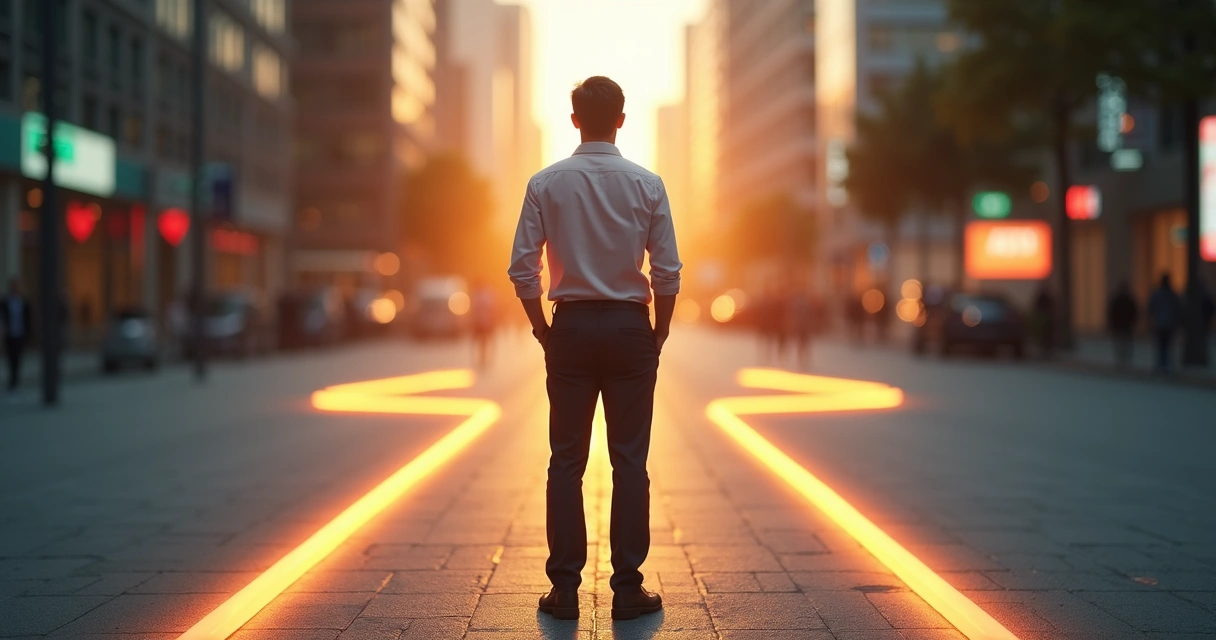 Pessoa em encruzilhada avaliando opções éticas opostas 