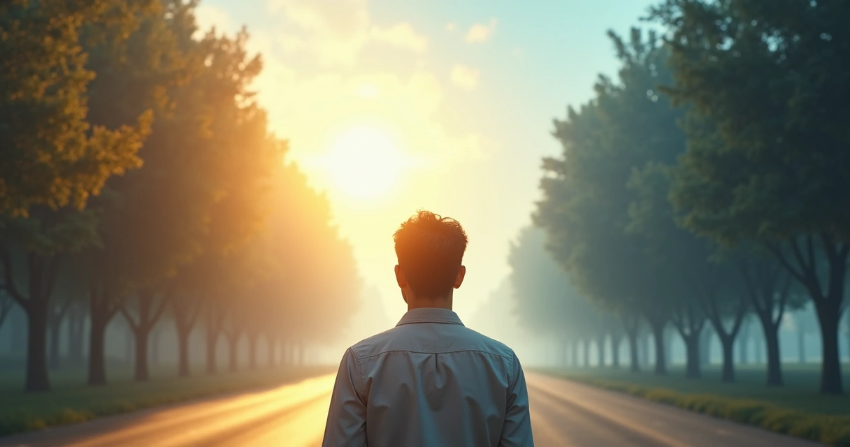 Pessoa em pé diante de dois caminhos contrastando escolha consciente e piloto automático 