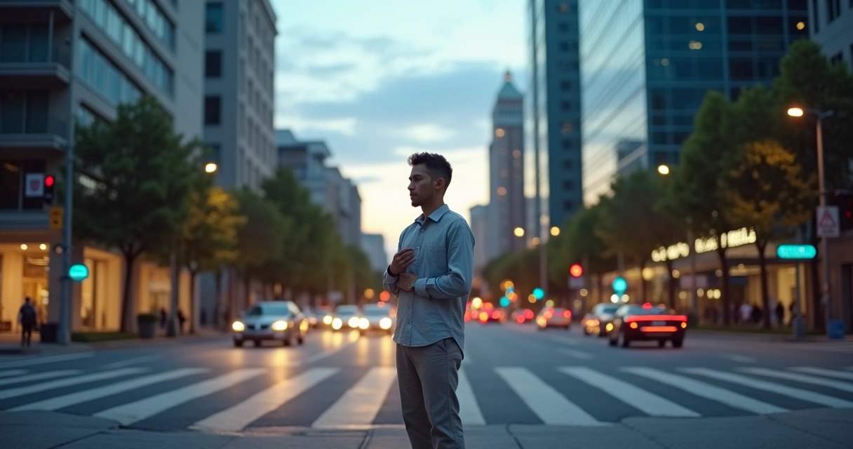 Pessoa em encruzilhada urbana refletindo antes de tomar uma decisão 