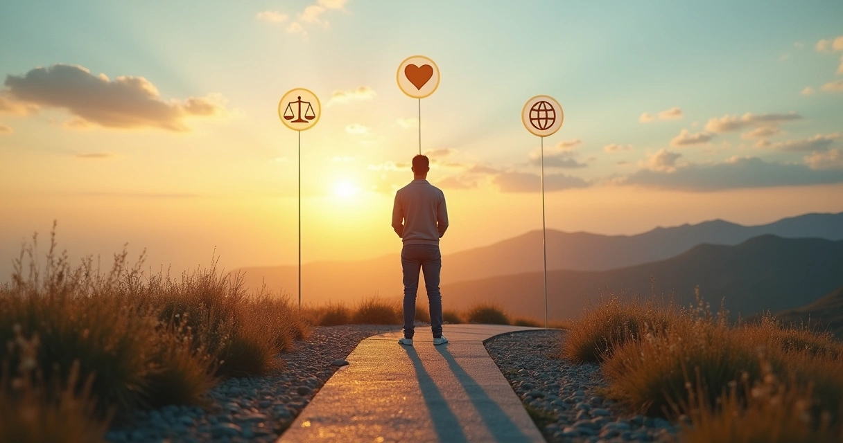 Pessoa em pé em cruzamento de caminhos refletindo sobre decisão moral 