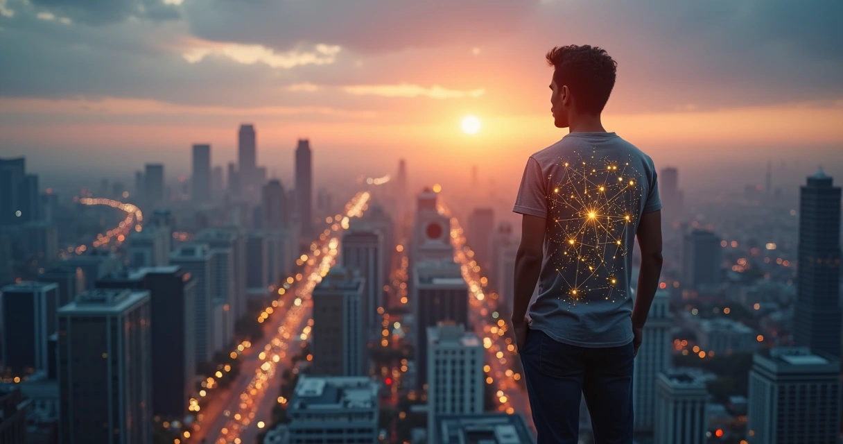 Pessoa observando cidade com conexões iluminadas representando impacto sistêmico 