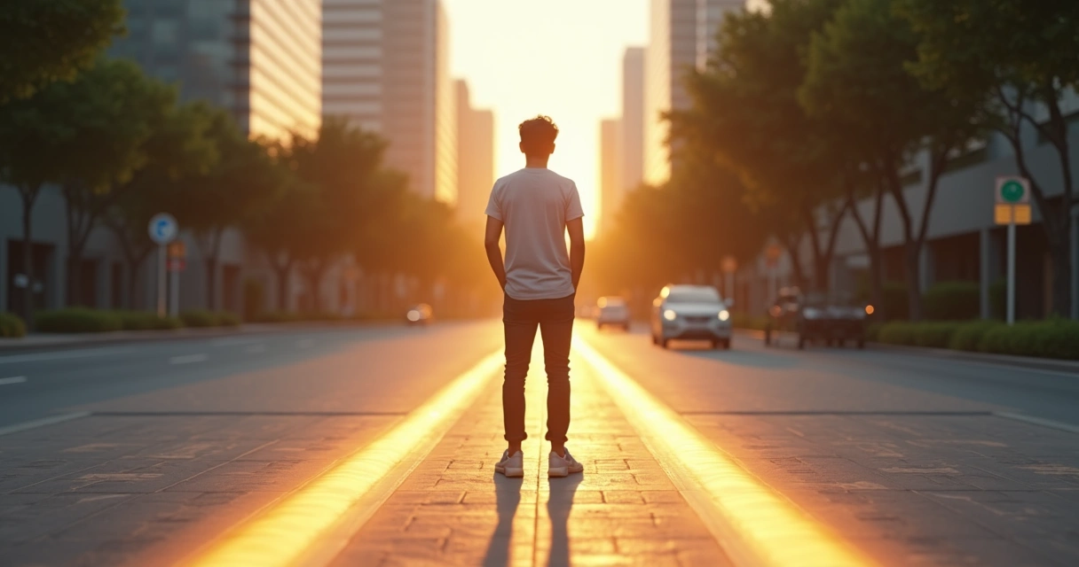 Pessoa em encruzilhada urbana refletindo sobre escolhas alinhadas a valores pessoais 