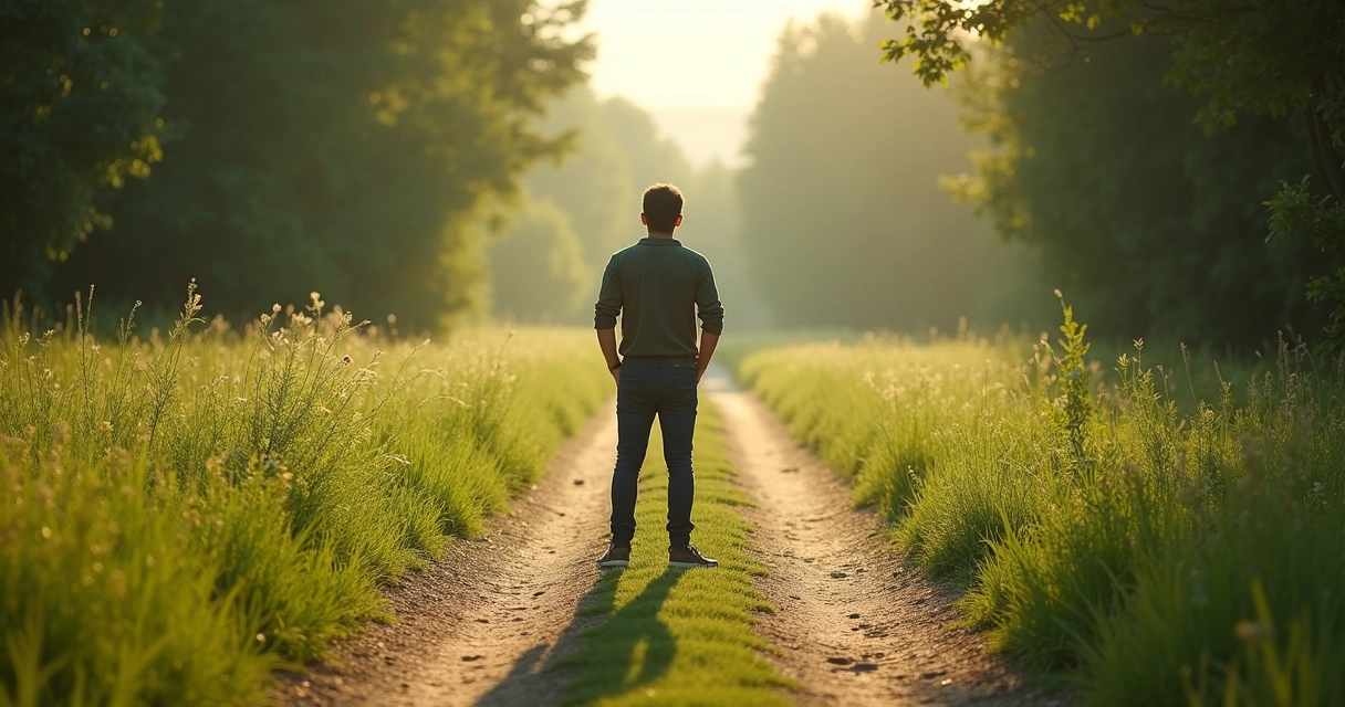 Pessoa em pé diante de dois caminhos distintos em paisagem natural, em clima de decisão