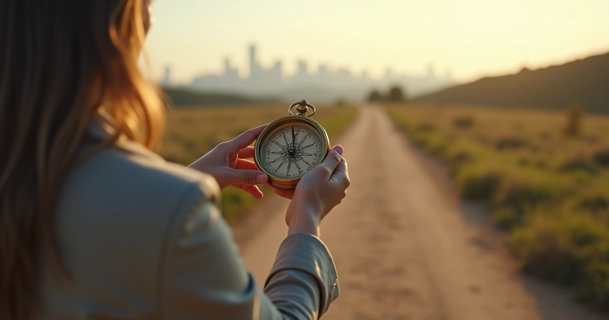 Pessoa segurando bússola aberta diante de cruzamento de caminhos em paisagem natural 