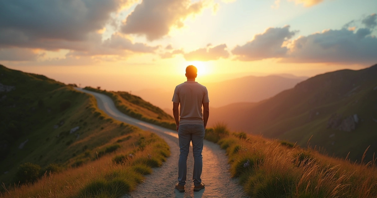 Pessoa em encruzilhada observando dois caminhos diferentes 