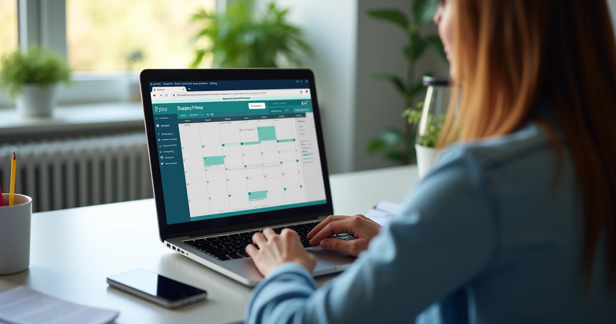 Pessoa usando notebook para agendar cirurgia online com interface médica. 