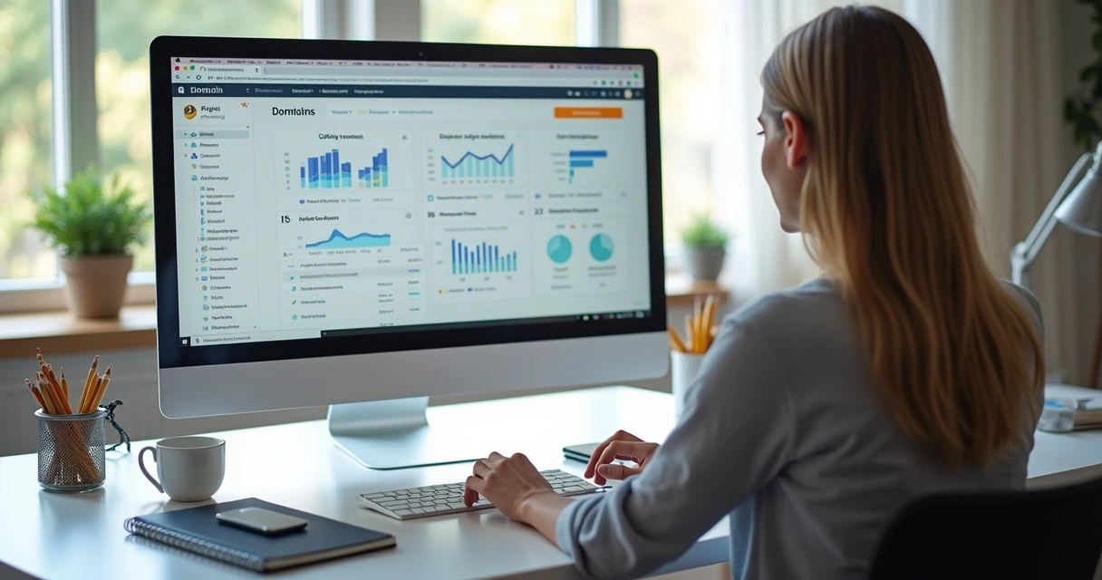 Pessoa analisando opções de domínios em tela de computador com gráficos e listas de nomes de site 