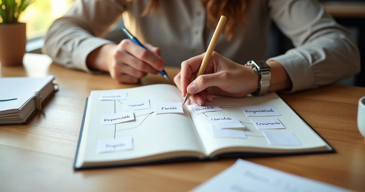 Pessoa escolhendo cartões com palavras de valores pessoais sobre a mesa 
