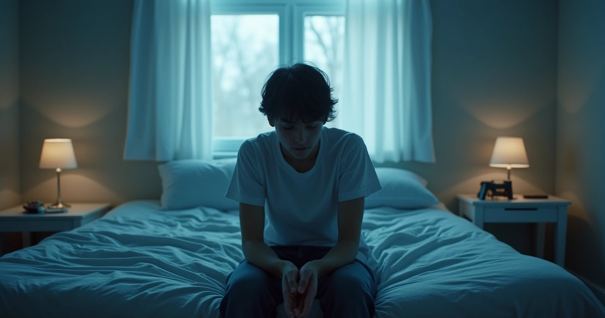 Pessoa sentada olhando para baixo, mãos no colo, expressão pensativa.