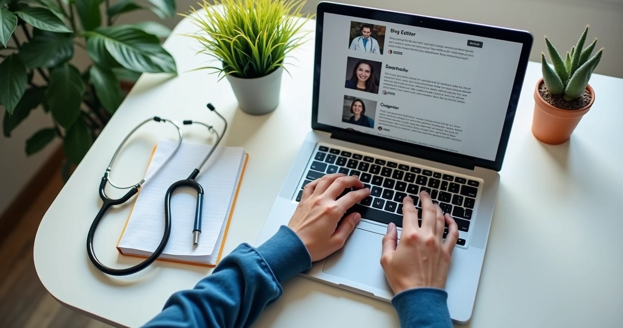 Pessoa digitando em notebook criando blog para consultório médico 