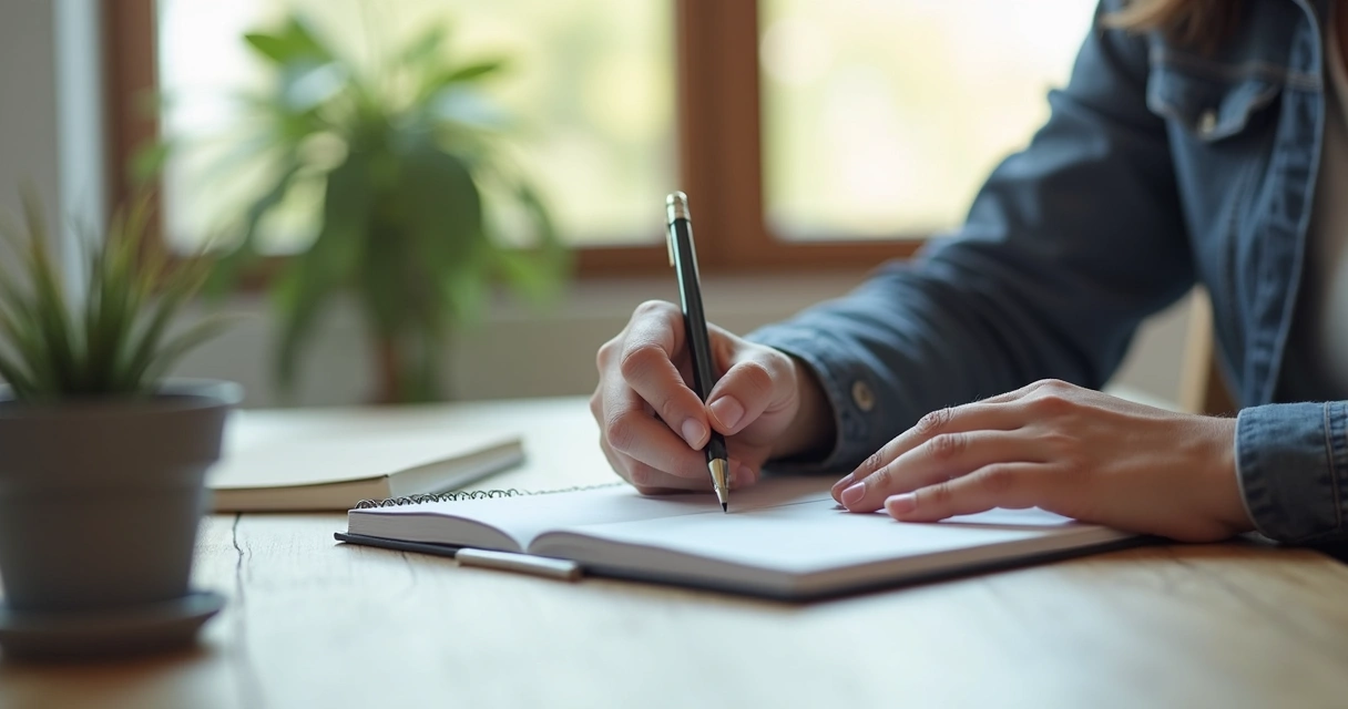 Pessoa escrevendo metas curtas em caderno com luz suave