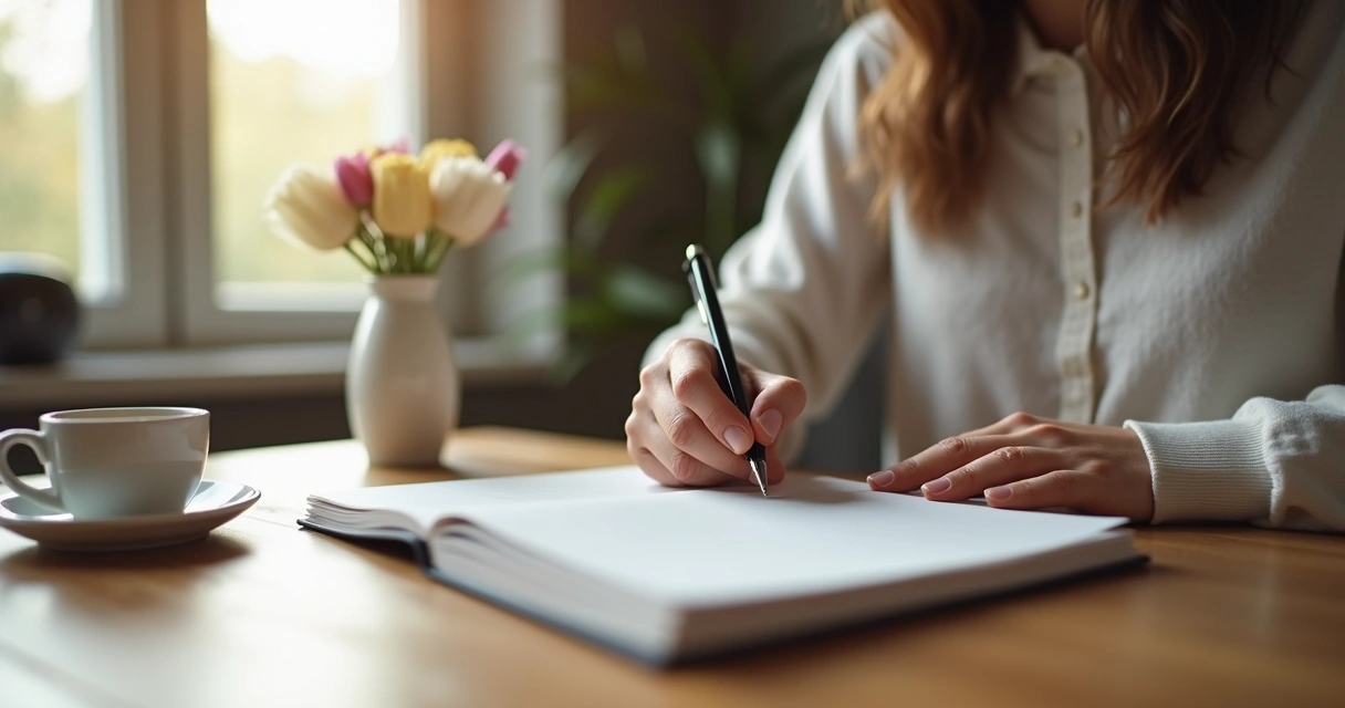 Pessoa escrevendo em um diário em uma mesa de madeira