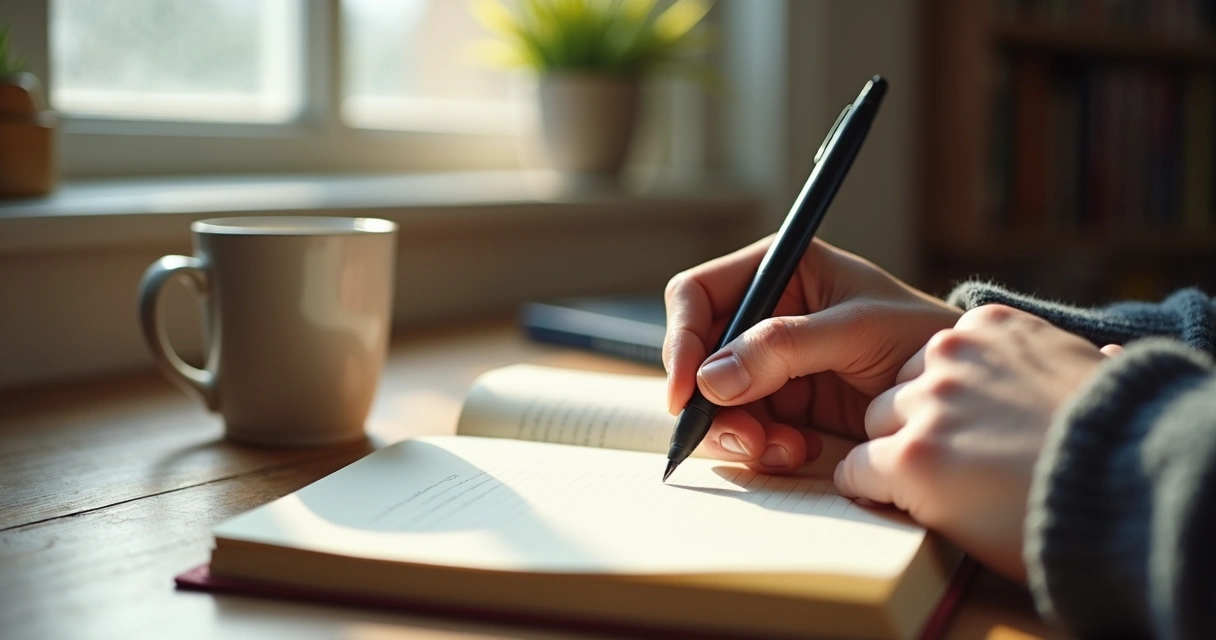 Pessoa escrevendo em diário com caneta 
