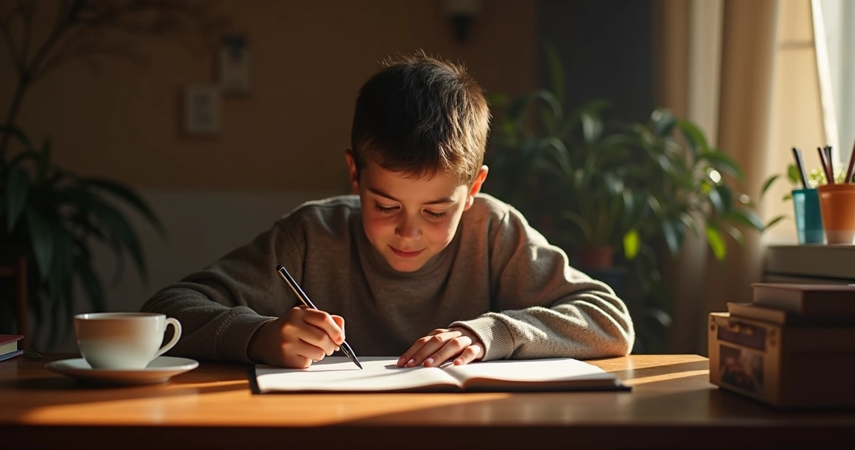 Pessoa escrevendo diário à mesa 