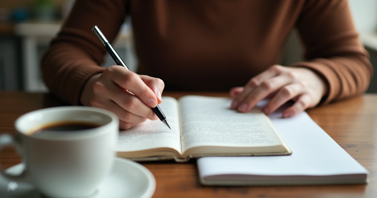 Pessoa fazendo anotações em um diário ao lado de uma xícara de café
