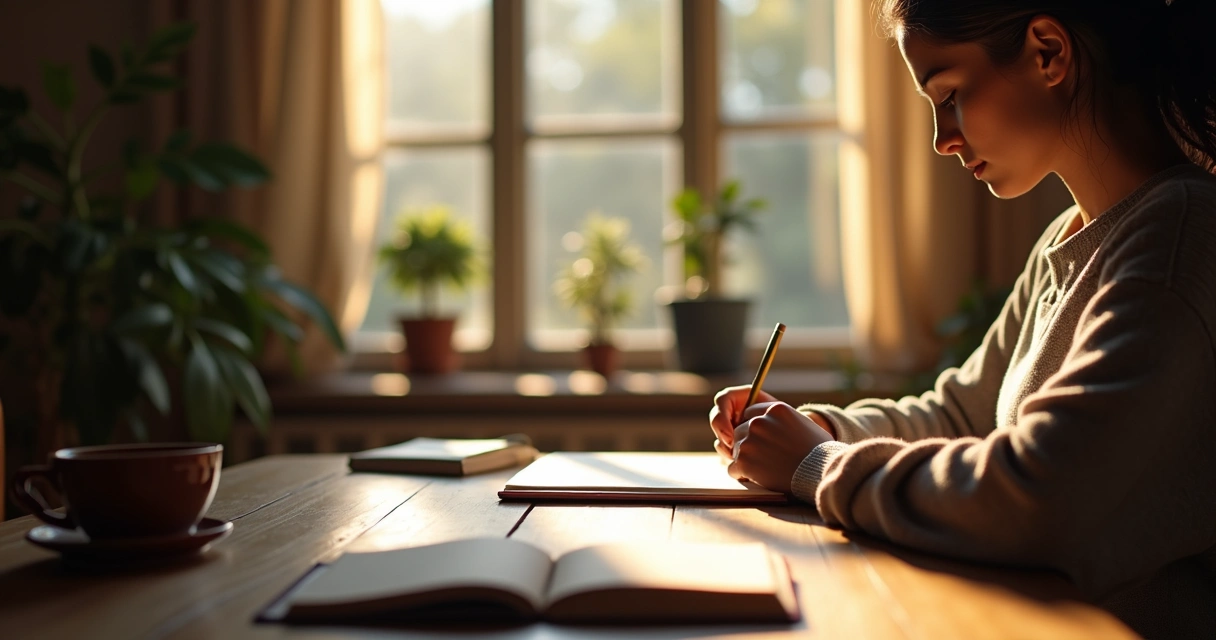 Pessoa escrevendo em seu diário refletindo sobre emoções 