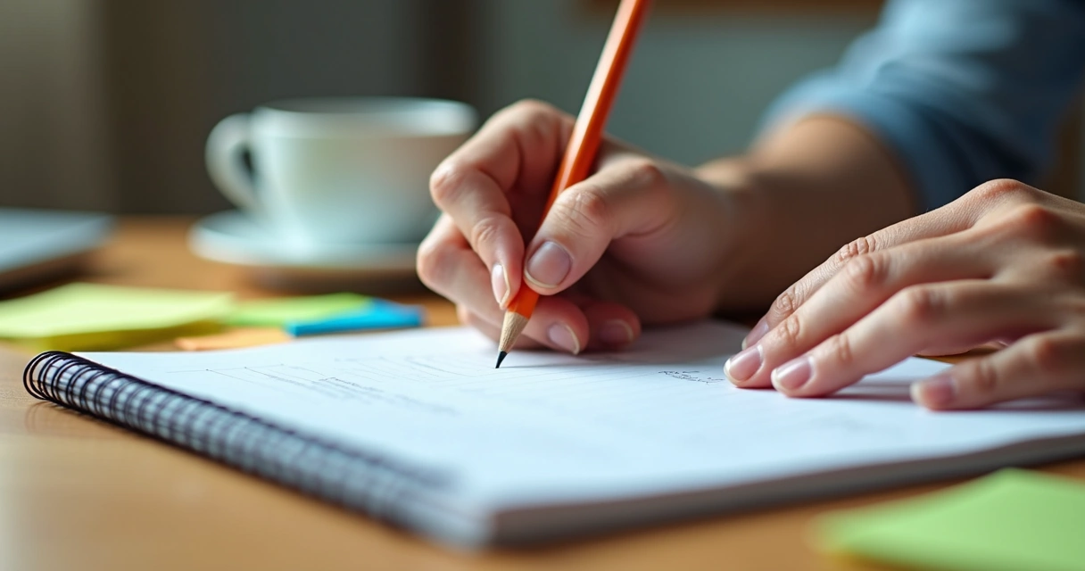 Mãos de uma pessoa adulta escrevendo em um caderno 