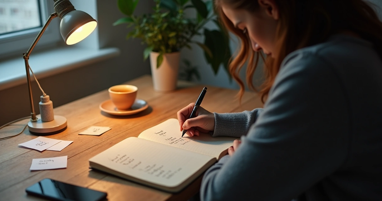 Pessoa escrevendo pensamentos em um caderno ao lado de uma xícara
